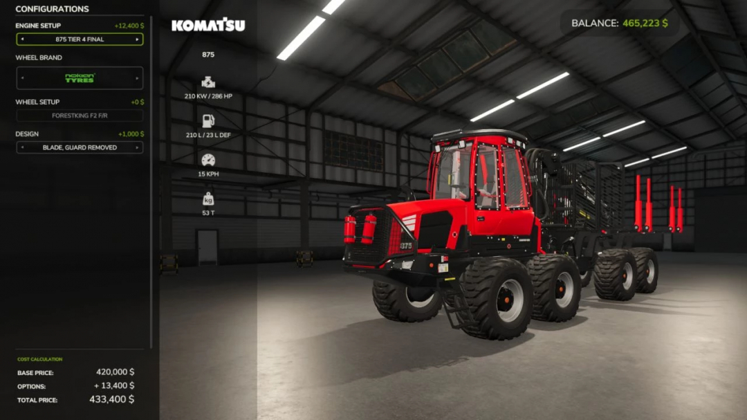 Komatsu 875 Loadflex mod for FS25 in a virtual garage, showing configurations and pricing details.