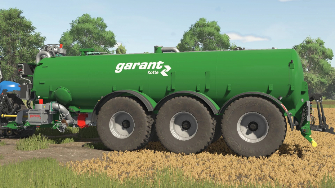 FS25 mod Kotte PTR 30000 trailer in a field, featuring a green design with large wheels.