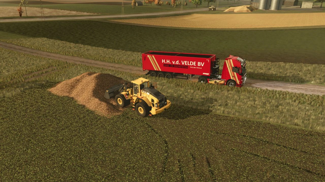 Krampe Tipper Trailer v1.0.0.0 in Farming Simulator 25, featuring a red truck on a farm road with a loader working on a dirt pile.