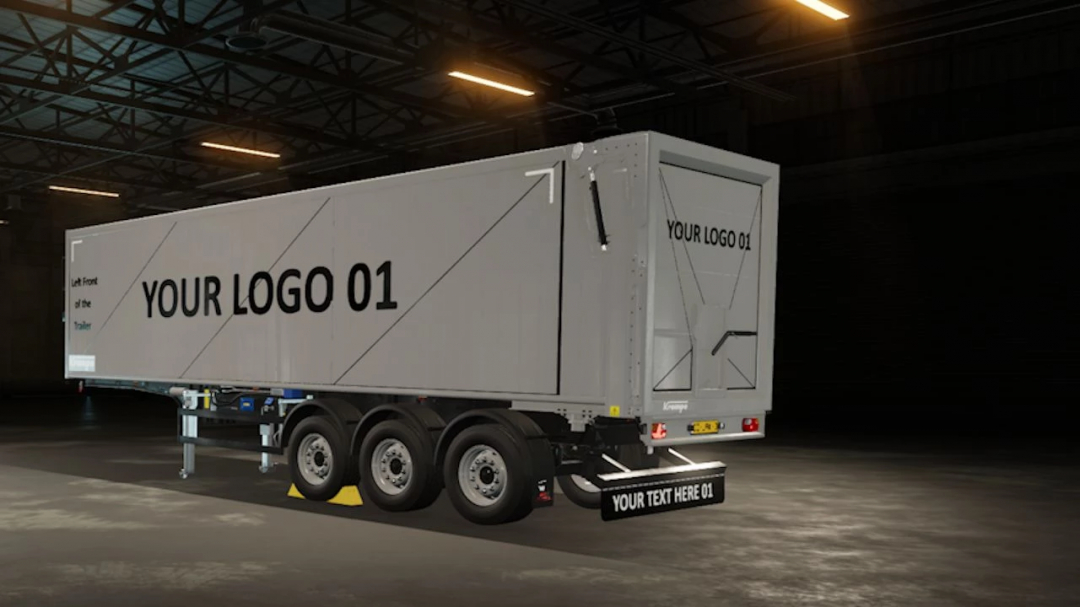 Krampe Tipper Trailer mod for FS25 in a dim garage setting