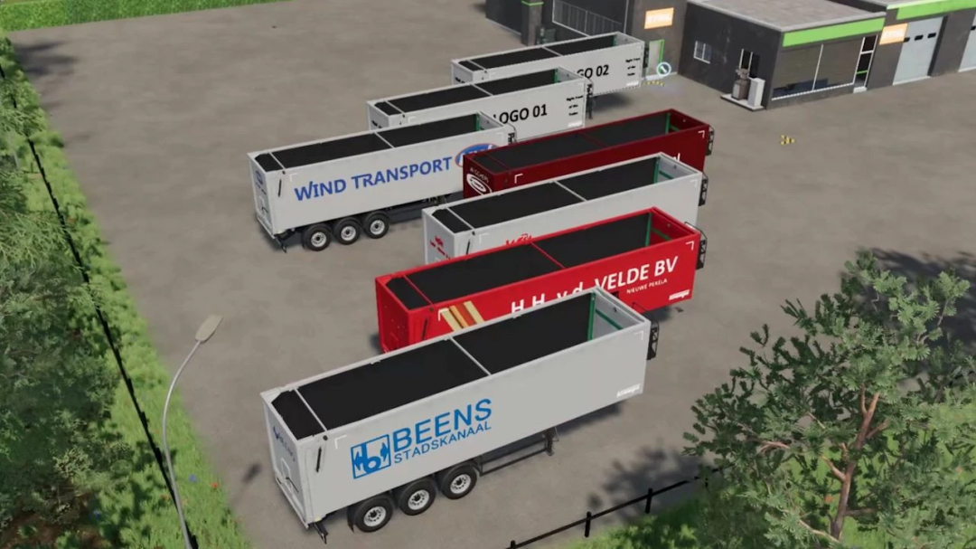 FS25 Krampe Tipper Trailer mod v1.0.0.0 featuring various designs in a yard.