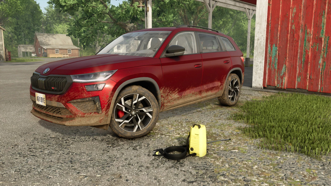 FS25 Kärcher K2.14 mod features red SUV and pressure washer on farm.