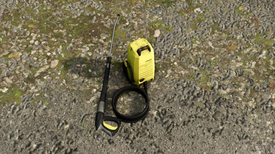 Kärcher K2.14 pressure washer mod for FS25 on gravel surface, enhancing Farming Simulator 25 gameplay.