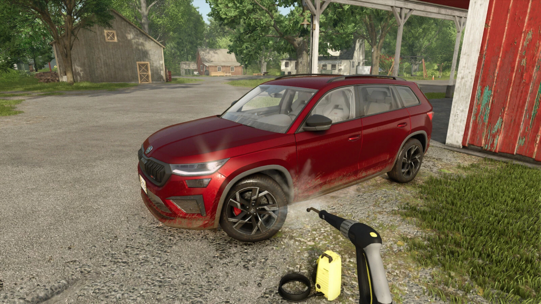 FS25 mod Kärcher K2.14 cleans a red car in a farm setting.