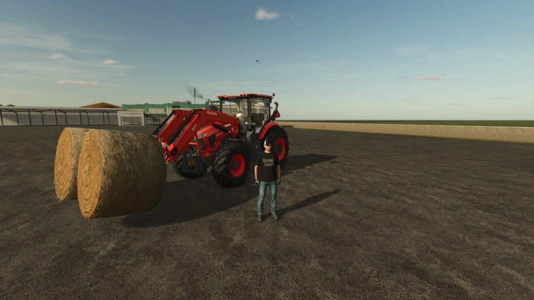 A Kubota M8-Series tractor with hay bales in FS25 mod, Farming Simulator 25.