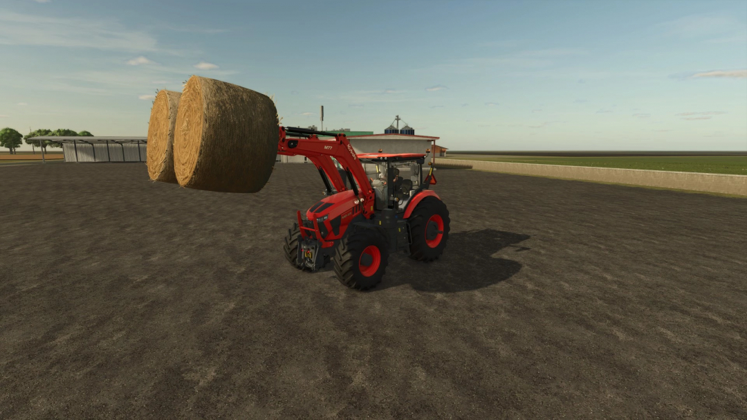 Kubota M8-Series tractor carrying hay bales in FS25 mod.