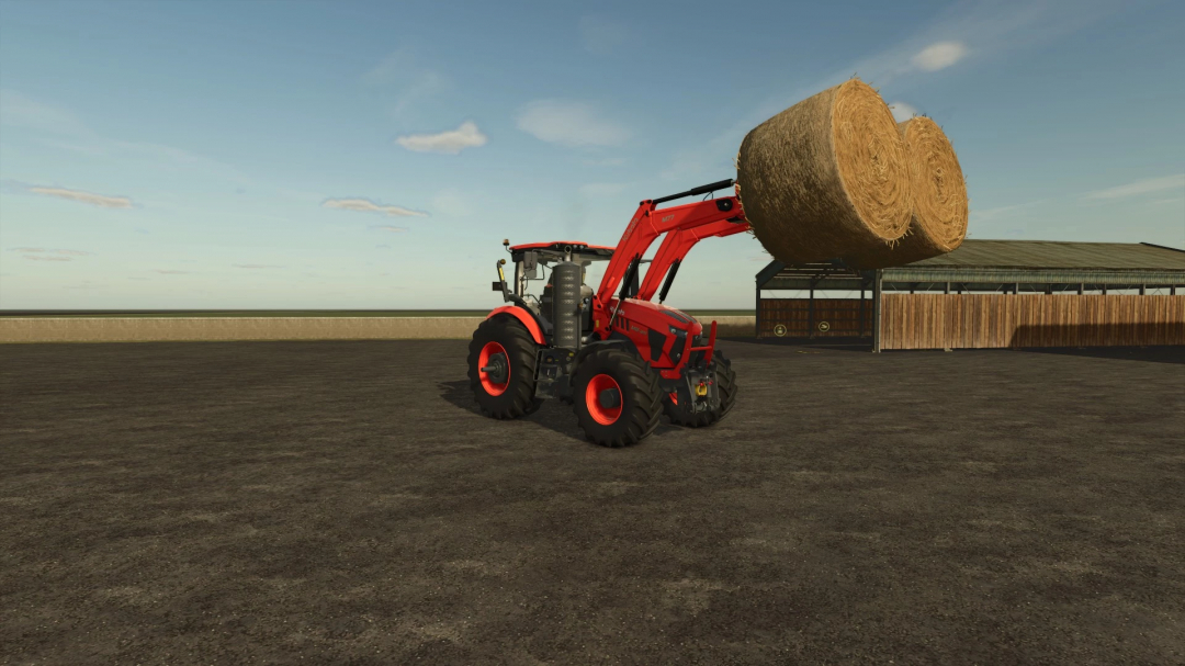 Kubota M8-Series tractor lifting hay bales in FS25 mod on a farm.