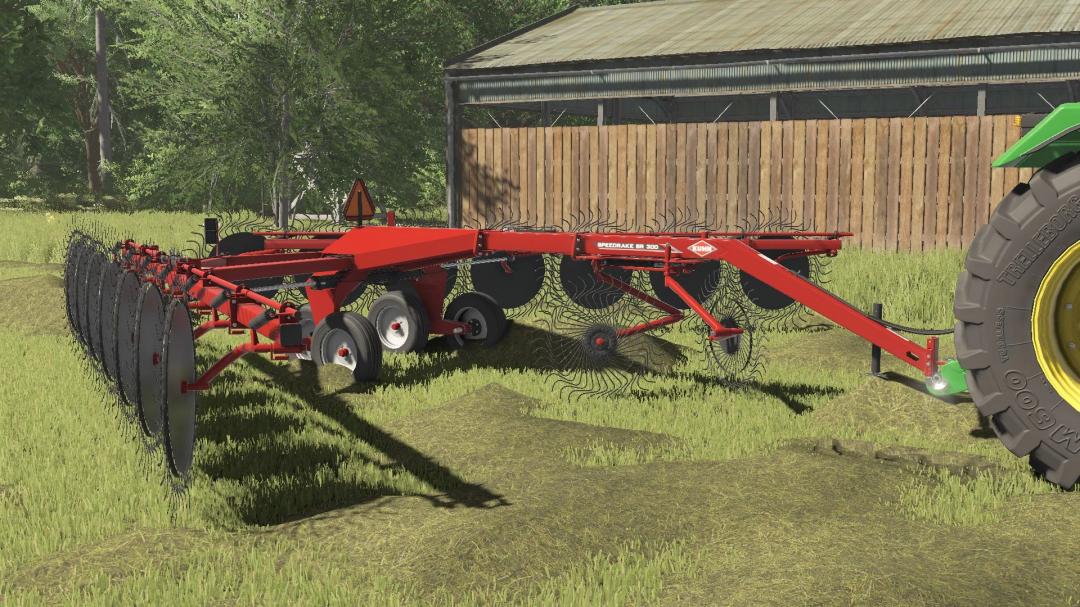 Kuhn SR 314 mod for FS25 shown in a farm setting, enhancing raking capabilities.