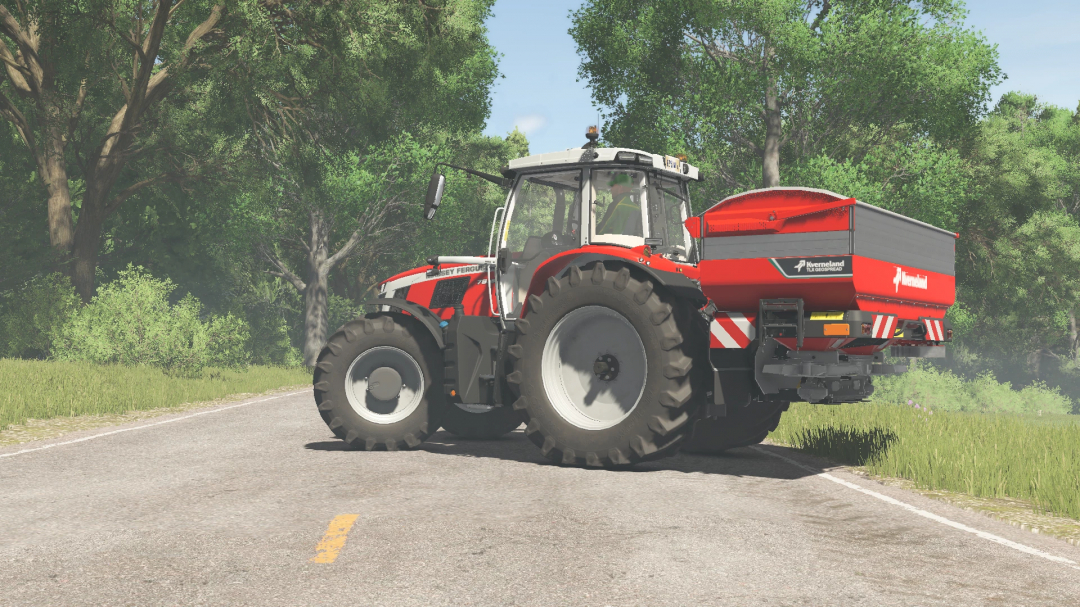 FS25 mod image showing a tractor with Kverneland TLX Geospread on a rural road.