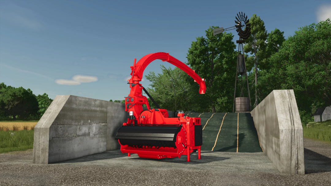 LIZARD Forage Pickup mod in FS25, featuring a red silage harvester next to silo walls with a windmill backdrop.