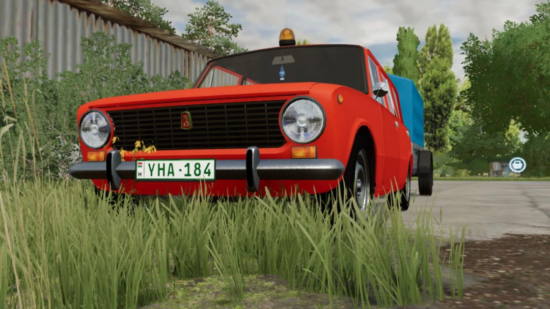 Lada 2102 Kombi mod in red, featured in Farming Simulator 25. FS25 mod showcasing a classic car in rural setting.