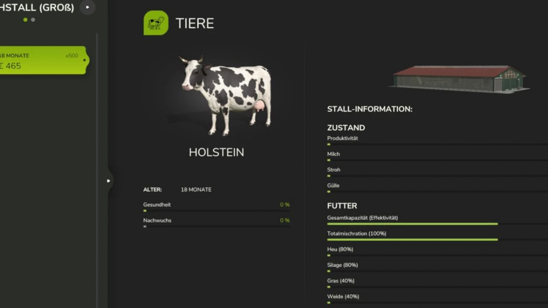 FS25 mod screenshot of a larger cowshed showing Holstein cow stats and feeding info.