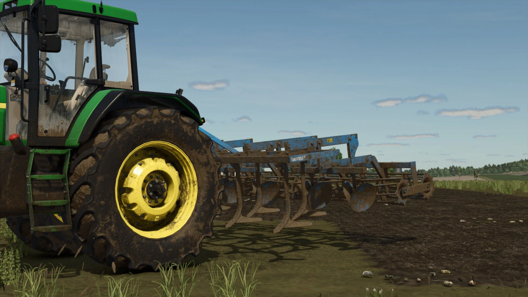 FS25 mod image of Lemken Smaragd 9/400, a field cultivator attached to a green tractor in Farming Simulator 25.