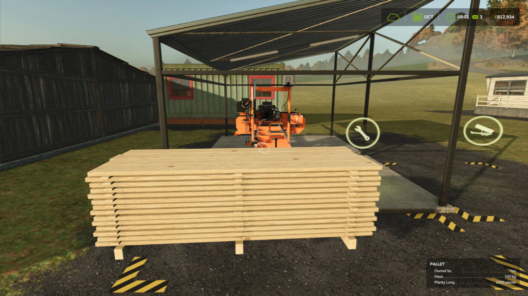 Liftable pallets in FS25 mod Liftable Pallets And Bales v1.0.0.0, featuring wooden planks in a farm setting.