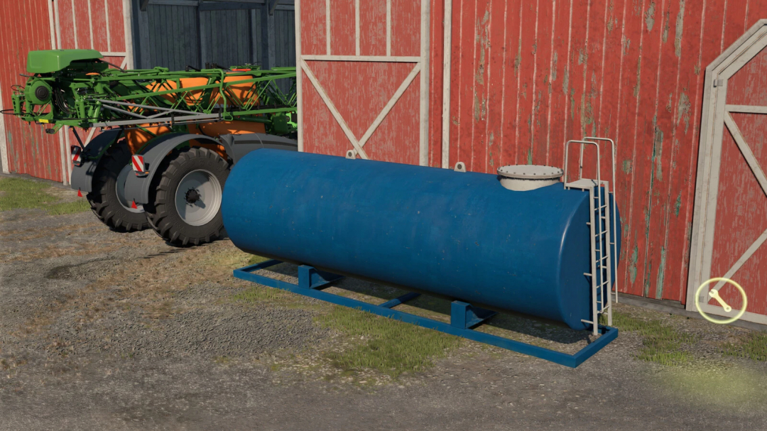 FS25 Liquid Fertilizer Tank v1.0.0.0 mod next to a red barn, enhancing farming simulations.