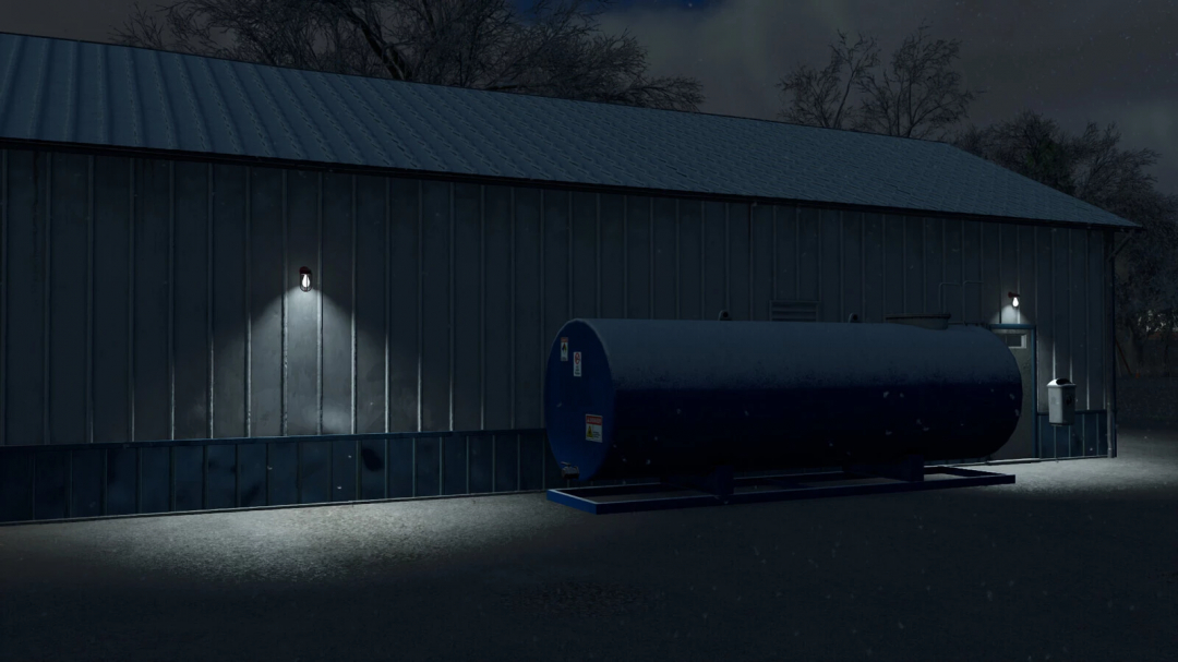 Liquid Fertilizer Tank v1.0.0.0 mod for FS25 at night next to a barn.