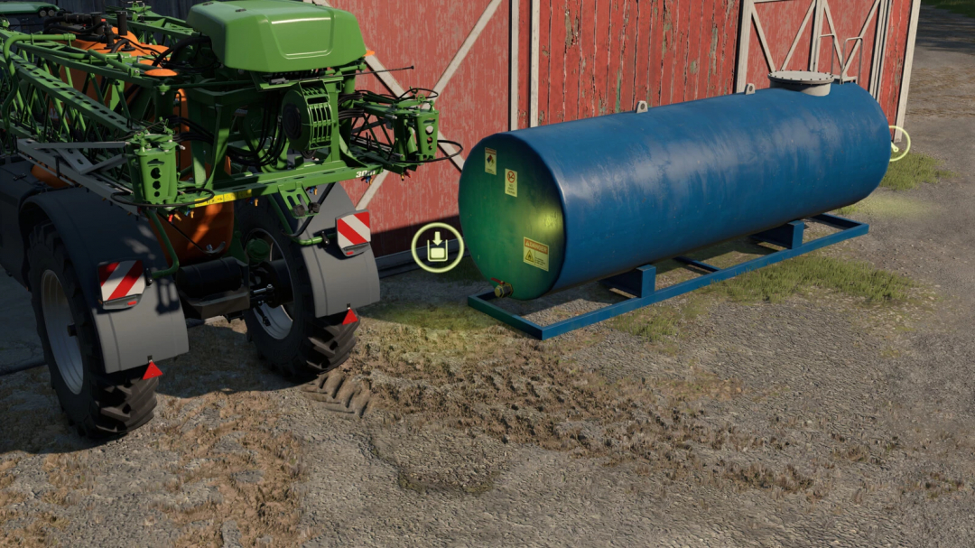 FS25 mod image showing Liquid Fertilizer Tank v1.0.0.0 next to farming equipment in Farming Simulator 25.