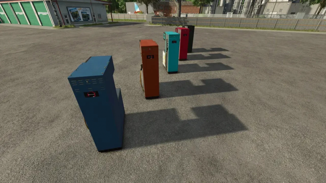 FS25 Liquid Filling Stations PBSMods v1.0.0.0 showing colorful dispensers in a row.