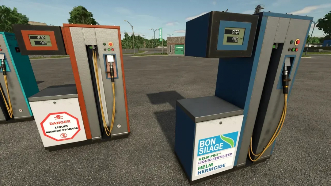 FS25 mods Liquid Filling Stations PBSMods v1.0.0.0 in Farming Simulator 25, featuring liquid manure and fertilizer dispensers.