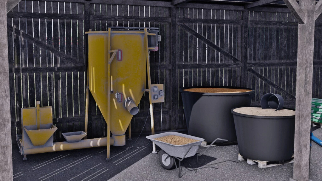 FS22 mod image showing Lizard Mixed PIGFood v1.0.0.0 with a yellow silo, feed containers, and a wheelbarrow in a barn.