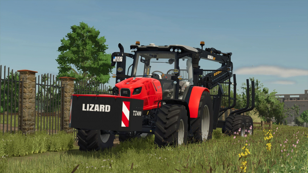 FS25 mod Lizard TZ400 v1.0.0.0 tractor in field, showcasing front weight and Kesla log grapple for Farming Simulator 25.