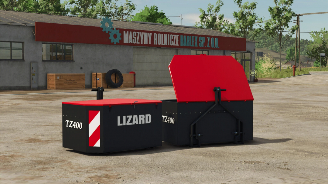 Lizard TZ400 mod for FS25 showcased in front of a machine shop, featuring two black and red agricultural tools.