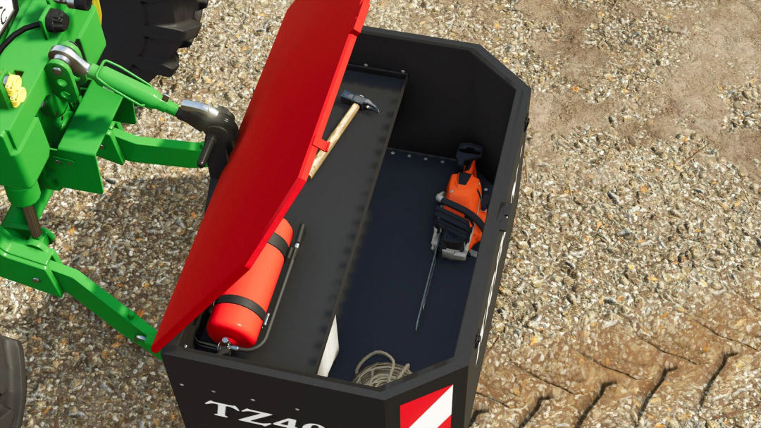 FS25 mod Lizard TZ400 v1.0.0.0 showing an open toolbox with a chainsaw and tools attached to a green tractor.