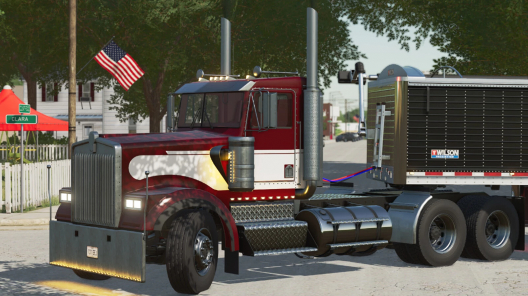 FS22 mod Lizard W900 B truck with trailer in Farming Simulator 22, parked on a town street