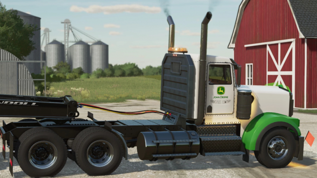 Lizard W900 B truck mod in FS22, displaying a green and white design, parked near a red barn and silos. Farming Simulator 22 mod.