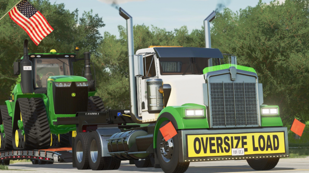 FS22 mod Lizard W900 B transporting tractor with 'Oversize Load' sign in Farming Simulator 22.