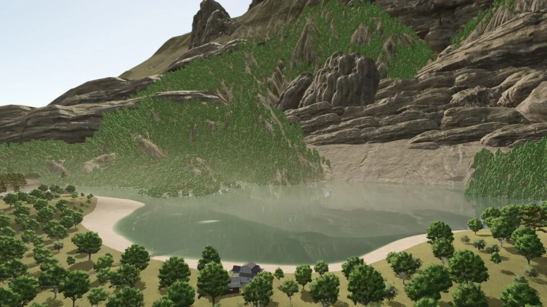 LoneHills Map v1.0.0.0 features scenic lake and mountains in FS25 mod.