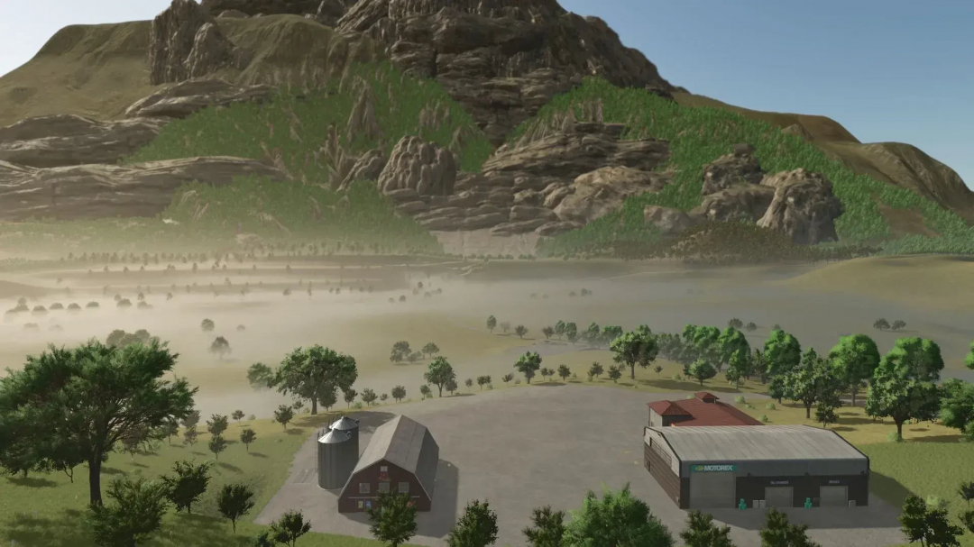 LoneHills Map v1.0.0.0 in FS25 mods, featuring a farm with buildings and mountainous landscape in Farming Simulator 25.