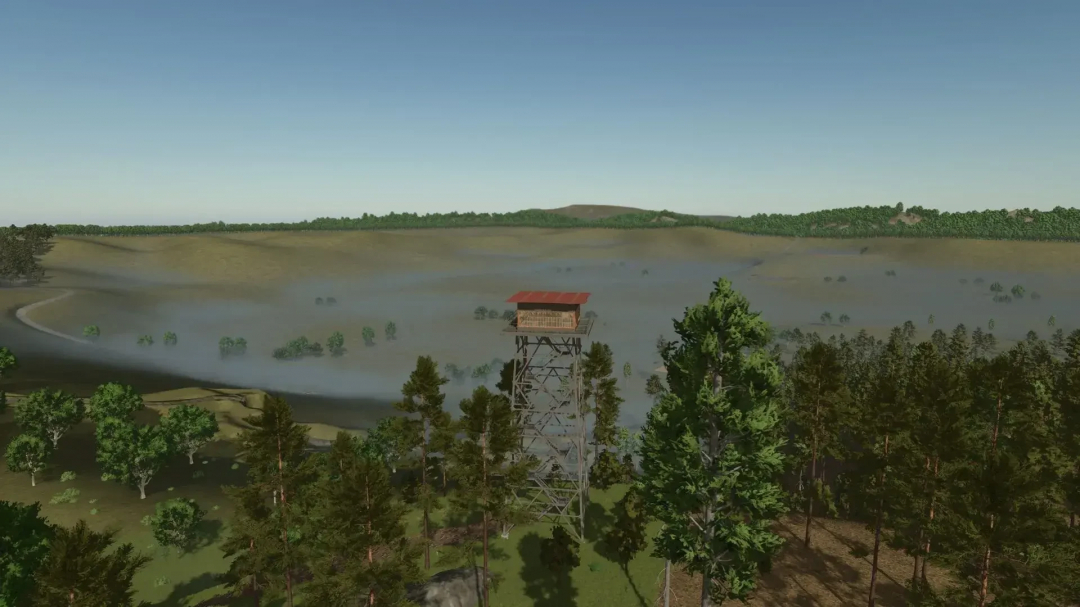 View of LoneHills Map in FS25 mod with watchtower amid foggy forest landscape.