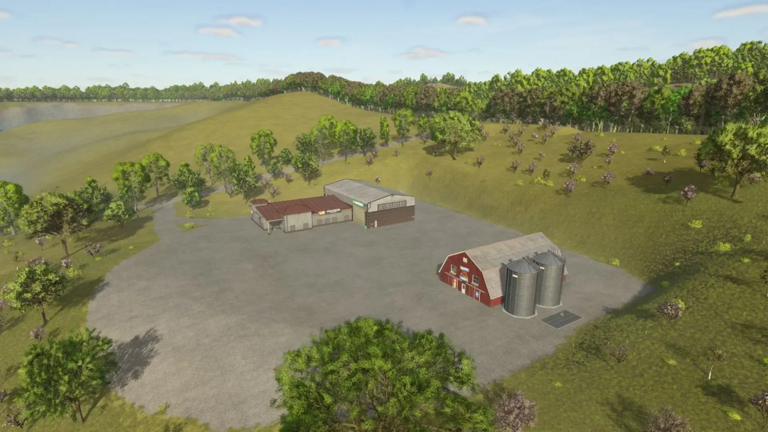 FS25 LoneHills Map v1.0.3.0 features rural landscape with farm buildings and silos, enhancing Farming Simulator 25 mods.