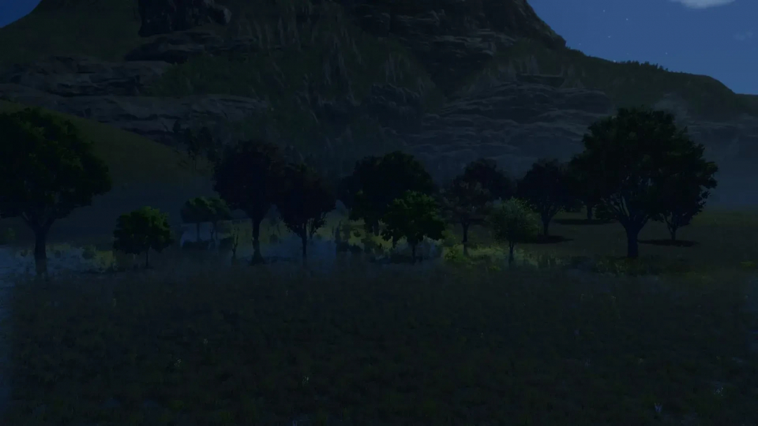 Night scene on LoneHills Map in FS25 mod, showing silhouettes of trees against a mountainous backdrop.