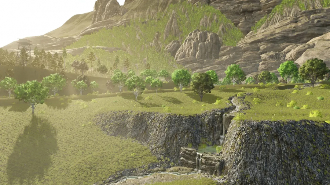 LoneHills Map v1.0.3.0 in FS25 features lush landscapes with trees and cliffs, enhancing Farming Simulator 25 mods.