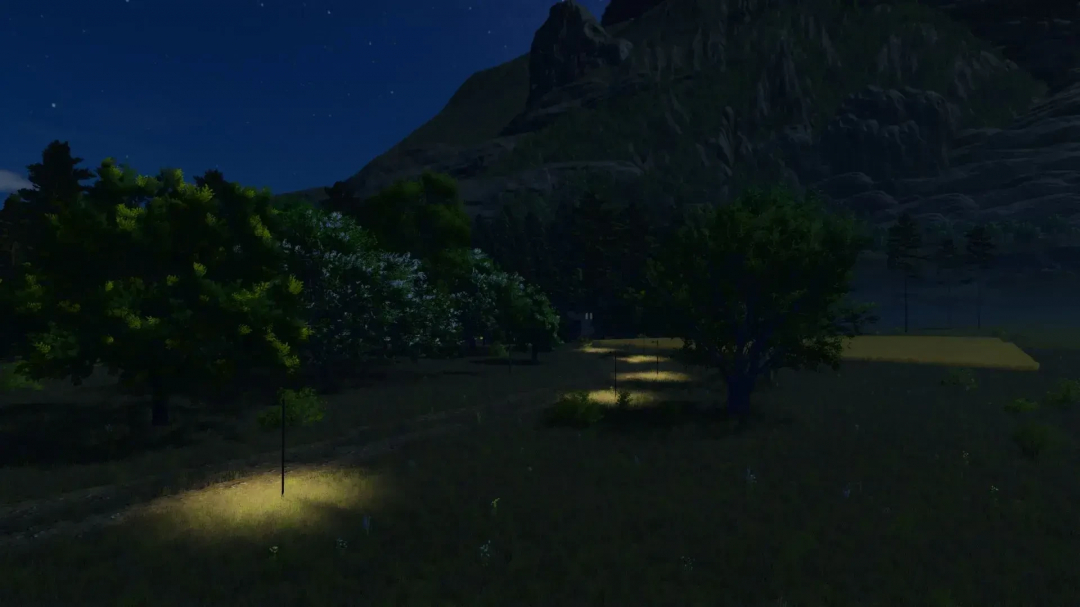 Night scene of LoneHills Map in FS25 with illuminated path and mountains, showcasing Farming Simulator 25 mods.