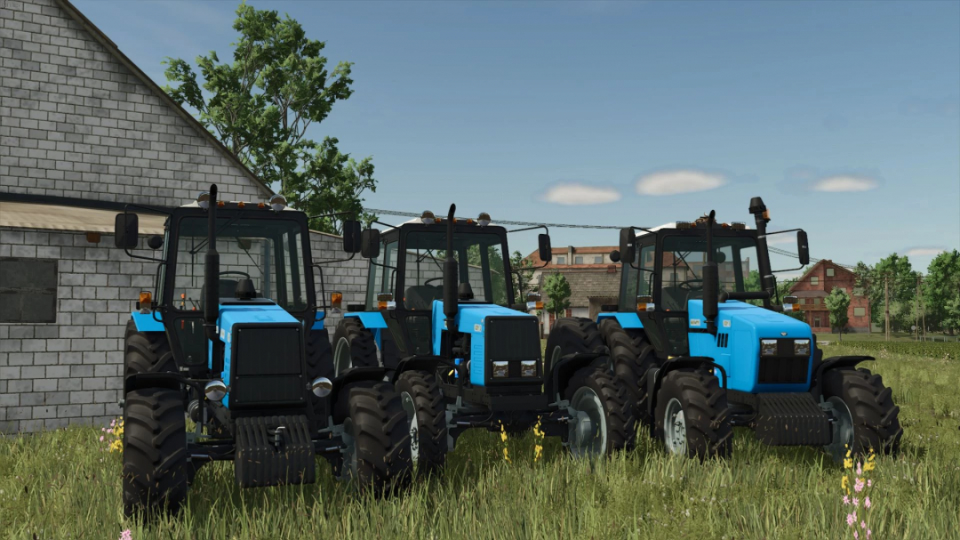 Three blue MTZ 1221 tractors in FS25 mod, parked on farm grass with buildings in background. Farming Simulator 25 mods.