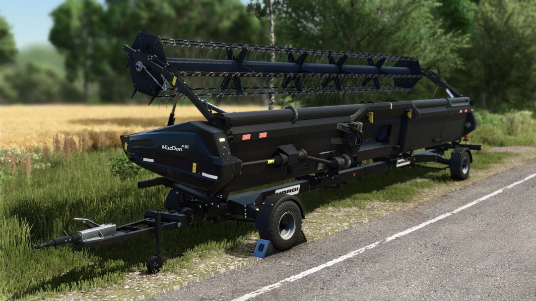 FS25 mod MacDon PowerFlow 30FT v1.0.0.0 displayed on roadside in Farming Simulator 25.