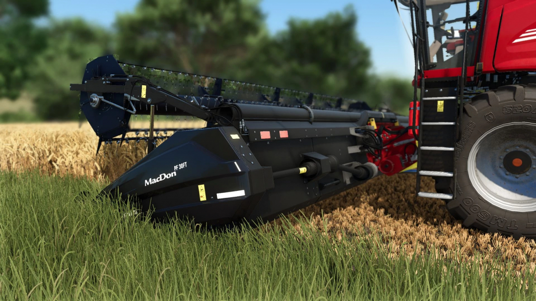 MacDon PowerFlow 30FT mod for Farming Simulator 25 harvesting wheat in a field.