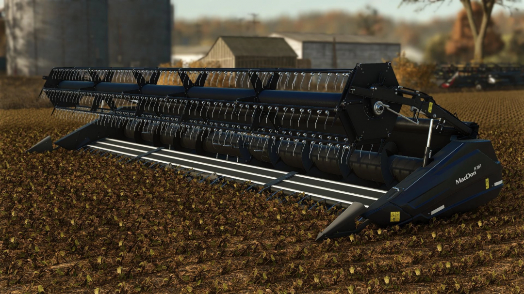 FS25 mod MacDon PowerFlow 30FT v1.0.0.0 attached to combine harvester in a field.