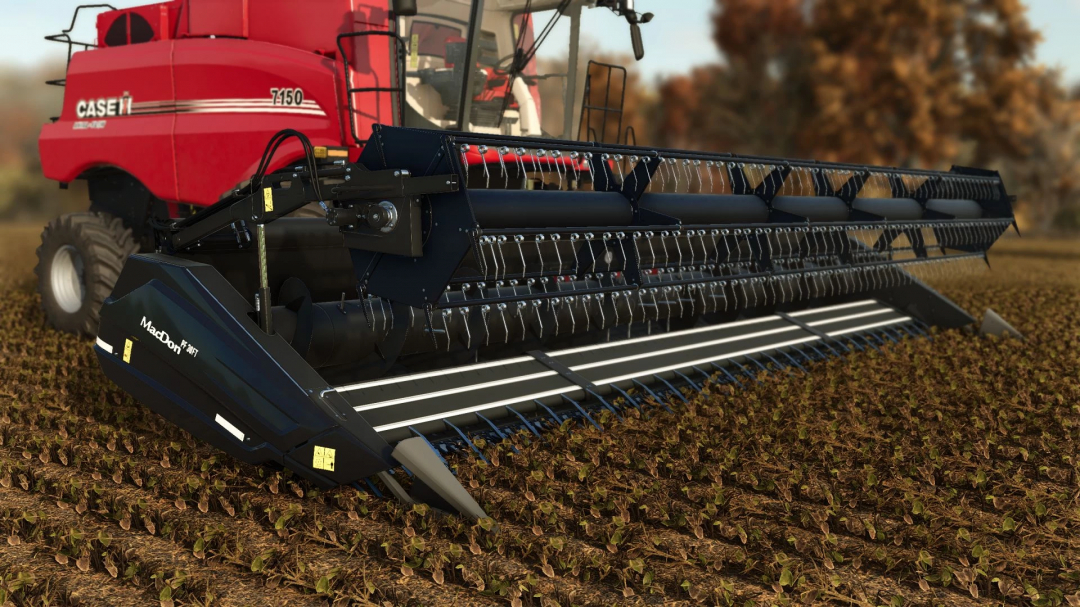 MacDon PowerFlow 30FT mod in FS25, attached to a red Case IH harvester in a field.