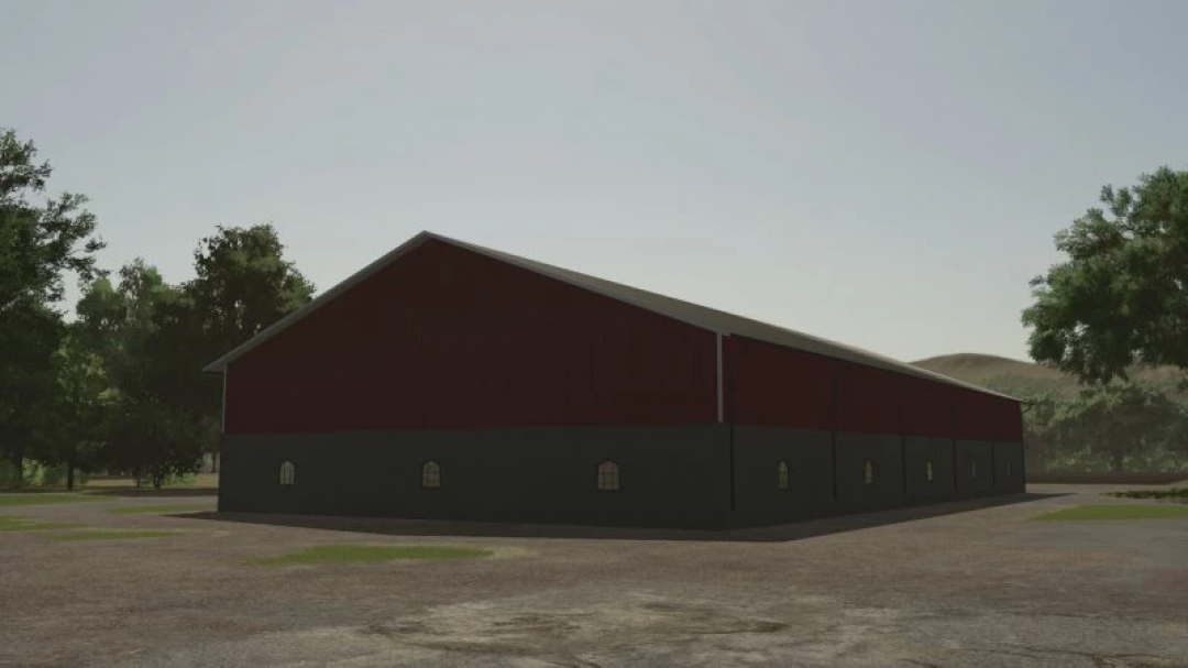 Large red and green machine hall from FS25 mods, showcasing spacious storage solution in Farming Simulator 25.