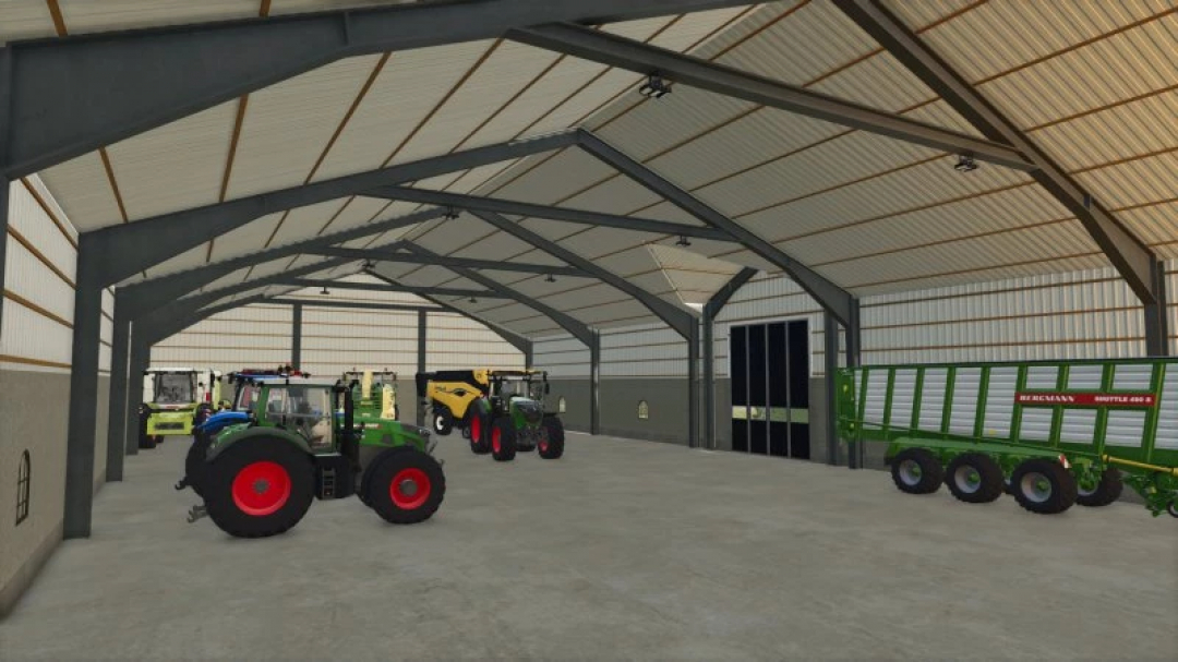 Interior view of the Machine Hall 50x20 mod in Farming Simulator 25, featuring various farm machinery and vehicles.