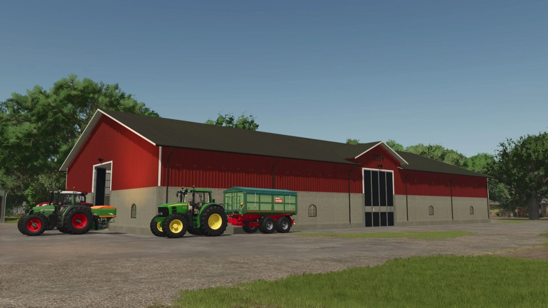 FS25 mod Machinehall 50x20 v1.0.0.0 showcasing a red farm building with tractors and trailers outside.