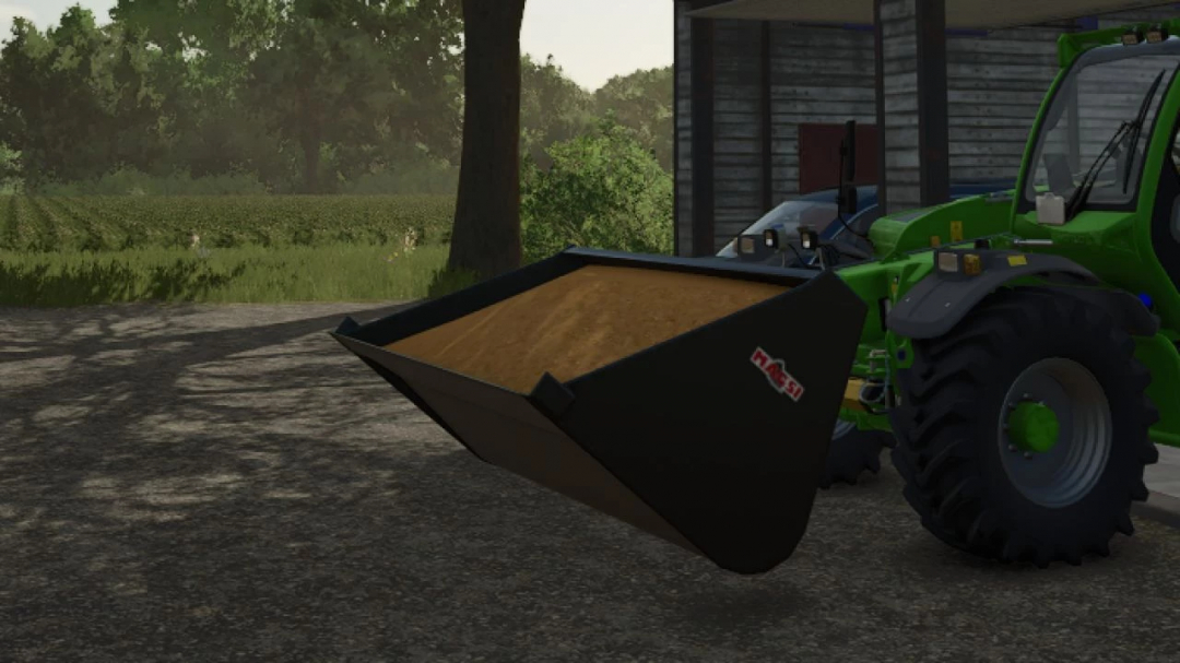 Magsi Universal 5000L loader attached to a green tractor in FS25 mod, Farming Simulator 25, filled with sand.