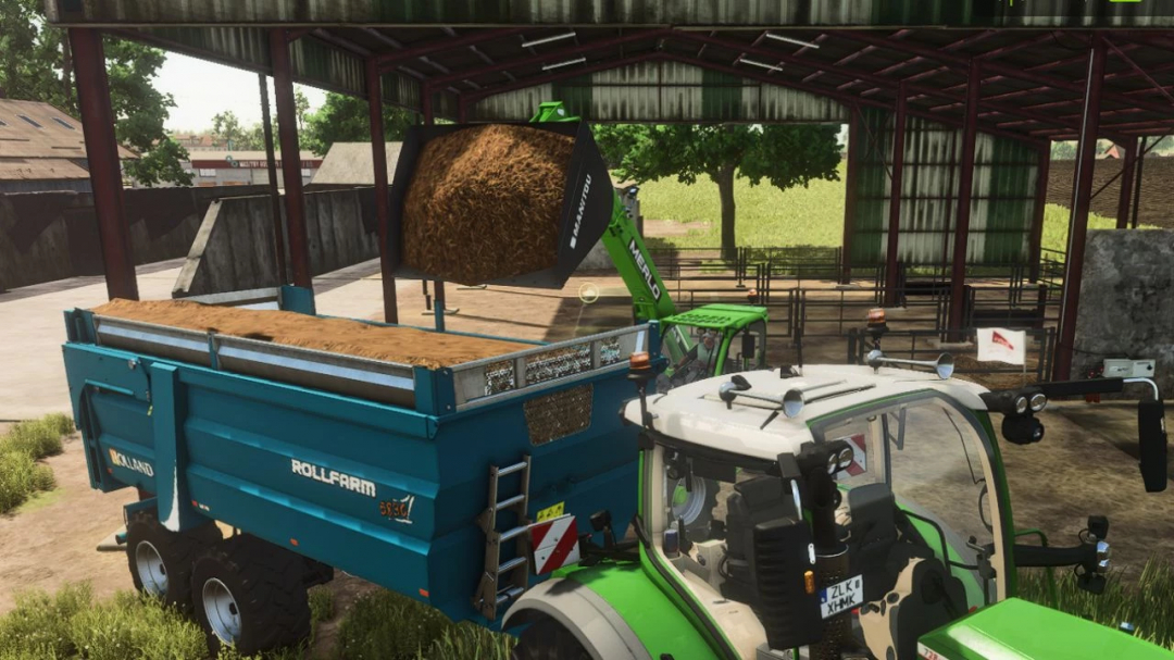 FS25 Manitou Agri Shovel mod loading trailer in barn setting