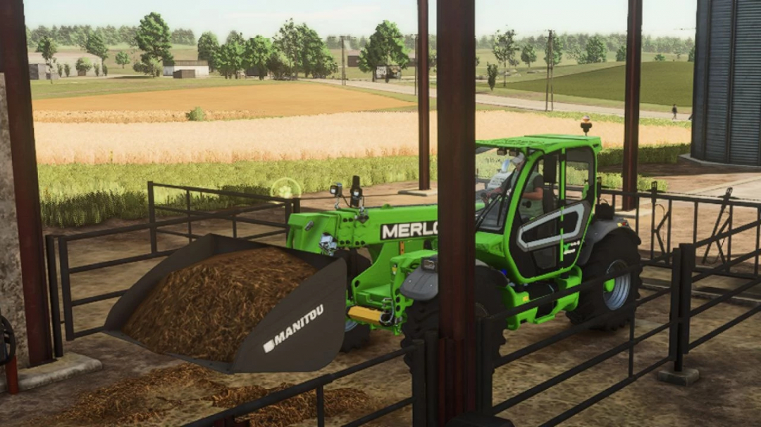 FS25 mod: Manitou Agri Shovel v1.0.0.0 in use with green Merlo loader, transporting materials in a farm setting.