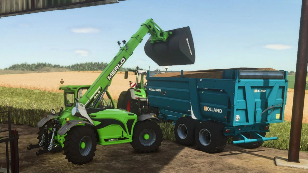 FS25 mod: Manitou Agri Shovel v1.0.0.0 lifting soil into a Rolland trailer in Farming Simulator 25.