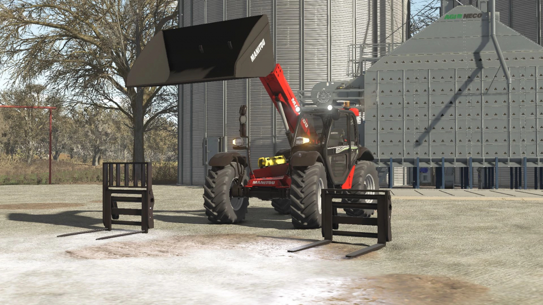 Manitou MLT 629 loader in Farming Simulator 25 mod near a silo. FS25 mods.